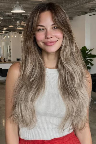 Een vrouw met lang, golvend haar en gezichtsomlijstende lagen, geknipt in een moderne, natuurlijke stijl.