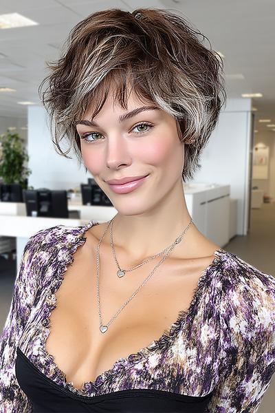 Een vrouw met een kort, gelaagd kapsel met warrige textuur en opvallende lichte highlights aan de voorkant.