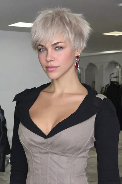 Een jonge vrouw met een kort, gelaagd en lichtblond kapsel met een warrige, volumineuze look.