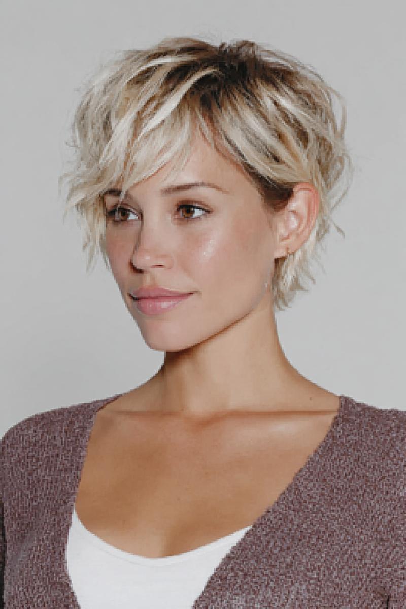 Een vrouw met een kort, golvend kapsel met blonde highlights en een zijscheiding.