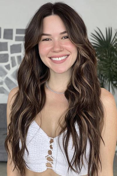 Een vrouw met lang, golvend bruin haar met lichte highlights en een middenscheiding.
