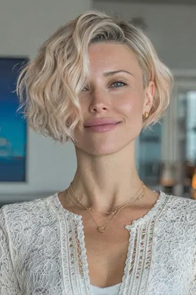Een vrouw met een vlot, kort kapsel dat asymmetrisch is geknipt met losse, golvende lokken en een zijscheiding.