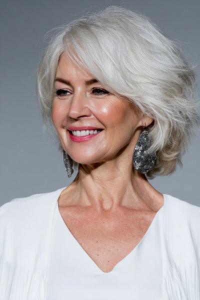 Een oudere dame met een stijlvolle, kinlange, gelaagde coupe met volumineus, zilvergrijs haar.