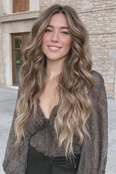Een vrouw met lang, golvend haar en zachte balayage highlights poseert buiten terwijl haar haar los over haar schouders valt.