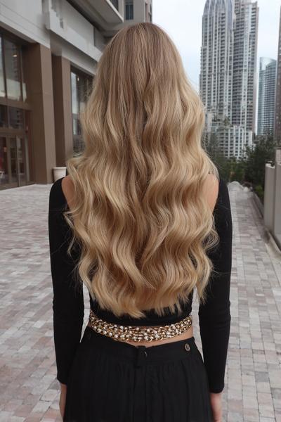 Een vrouw met lang, golvend blond haar dat los over haar rug valt.