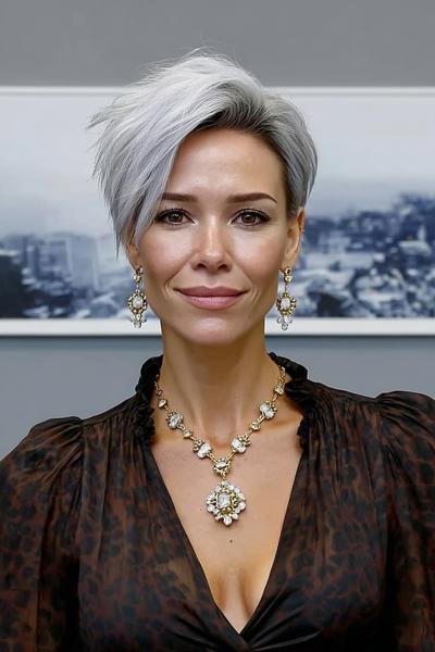 Een vrouw met een stijlvol, kort, asymmetrisch kapsel met zilvergrijs haar dat naar één kant is gekamd.