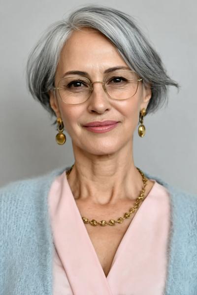 Een oudere dame met een kort, stijlvol grijs kapsel en een zijwaartse scheiding.