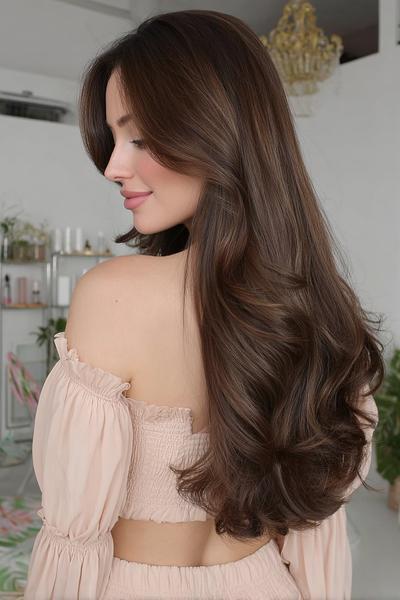 Een vrouw met lang, golvend bruin haar dat los over haar rug valt, met een zachte zijscheiding en volume aan de onderkant.