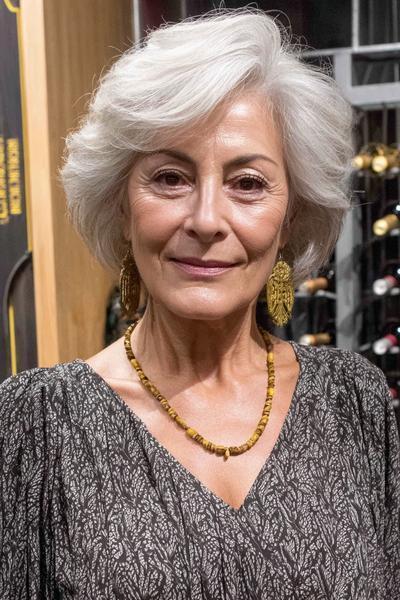 Een oudere dame met een stijlvolle, korte, zilvergrijze, golvende kapsel met veel volume.