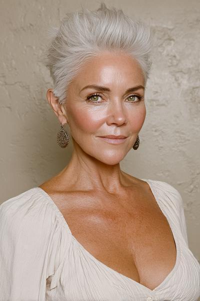 Een vrouw met kort, stijlvol, zilvergrijs haar dat naar achteren is gestyled voor een moderne en frisse look.
