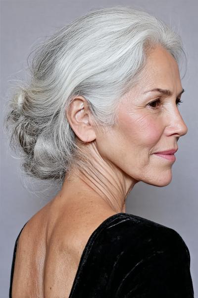 Een oudere dame met zilvergrijs haar dat elegant is opgestoken in een losse knot.