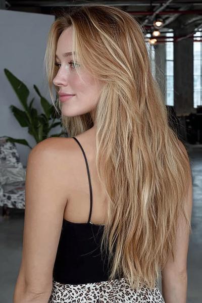 Een vrouw met lang, golvend blond haar en subtiele lagen, met een zijscheiding en los vallende lokken.