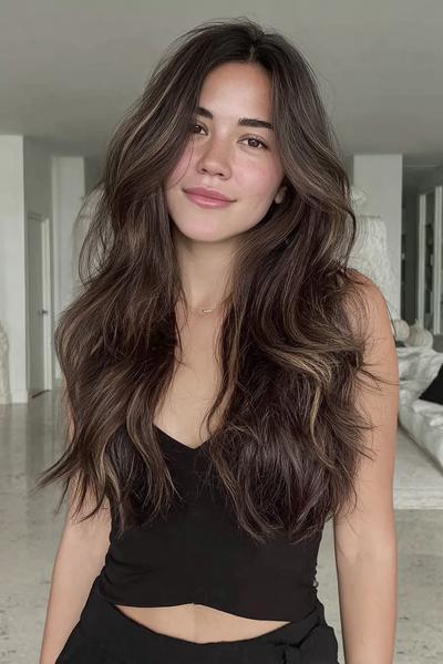 Een vrouw met lang, golvend bruin haar en zachte lagen die haar gezicht omlijsten.