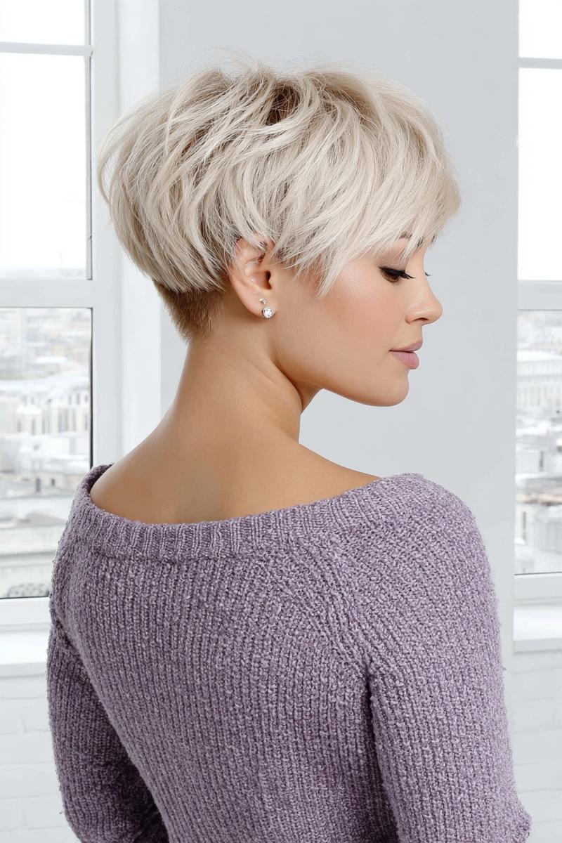 Een vrouw met een kort, blond kapsel in een gelaagde pixie cut met volumineuze bovenkant en getextureerde lokken.