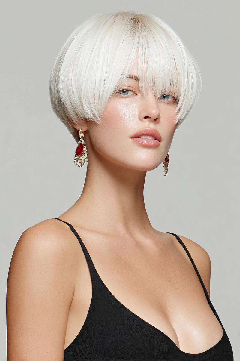 Een vrouw met een trendy kort kapsel, geknipt in een blonde bob met volle pony die over het voorhoofd valt.
