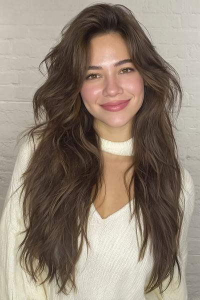 Een jonge vrouw met lang, golvend bruin haar en een natuurlijke, volumineuze look.