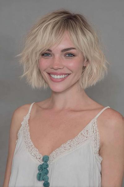 Een vrouw met een kort, golvend blond kapsel en een pony, gestyled in een nonchalante, warrige look.