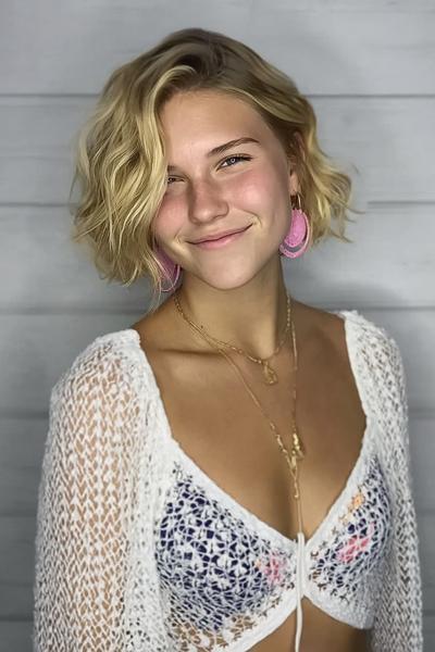 Een jonge vrouw met een vlot, kort kapsel met golvend blond haar tot net boven de schouders.