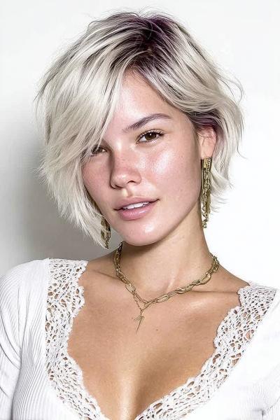Een vrouw met een kort, golvend kapsel met een zijscheiding en platinablond haar.