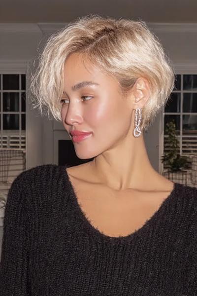 Een vrouw met kort, blond golvend haar en een zijscheiding, gestyled in een moderne, nonchalante kapsel.