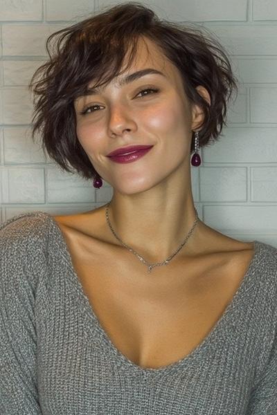 Een vrouw met een kort, golvend kapsel en zijscheiding, gestyled in een nonchalante, moderne look.