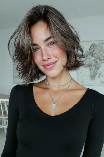 Een jonge vrouw met een kort, golvend kapsel met een zijscheiding en losse lokken rond het gezicht.