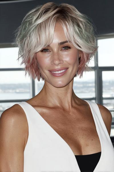 Een vrouw met een vlot, kort kapsel met golvende, gelaagde plukken en lichtblond haar met pastelroze en groene tinten.