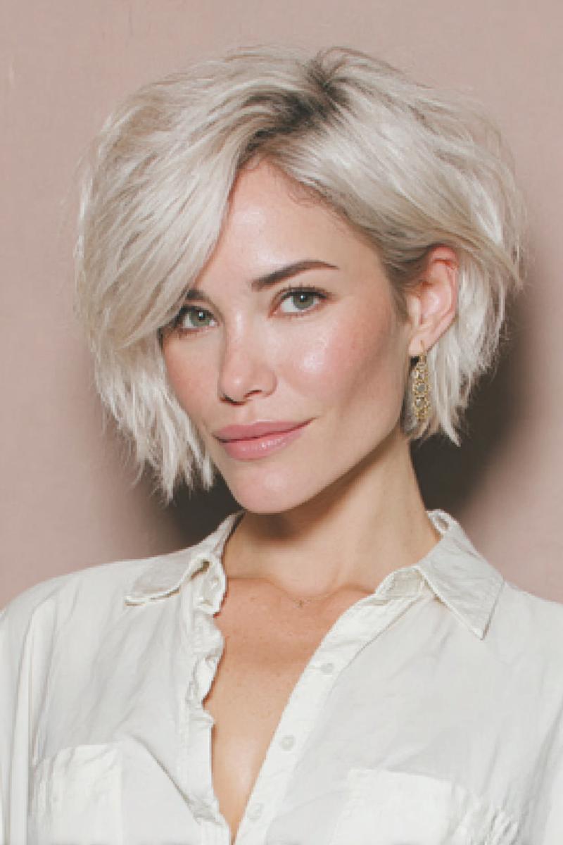 Een vrouw met een kort, golvend blond kapsel met een zijscheiding en veel volume.