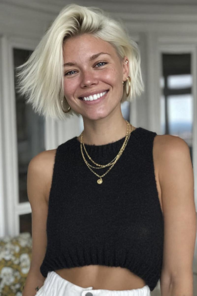 Een vrouw met een kort, blond bobkapsel met een zijscheiding en licht golvend haar.