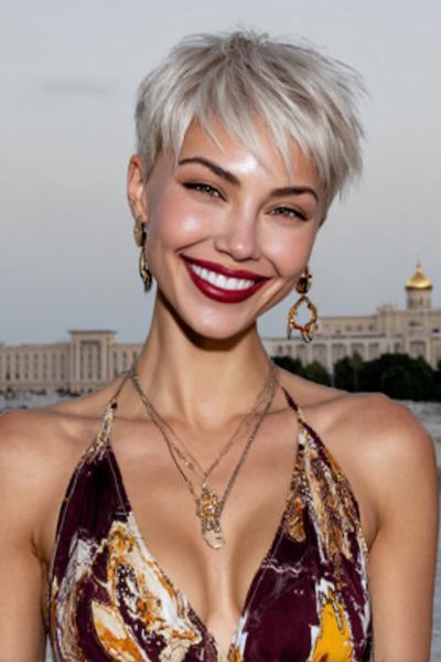 Een vrouw met een kort, stijlvol pixie kapsel met lichtblond haar en speelse, warrige lokken.