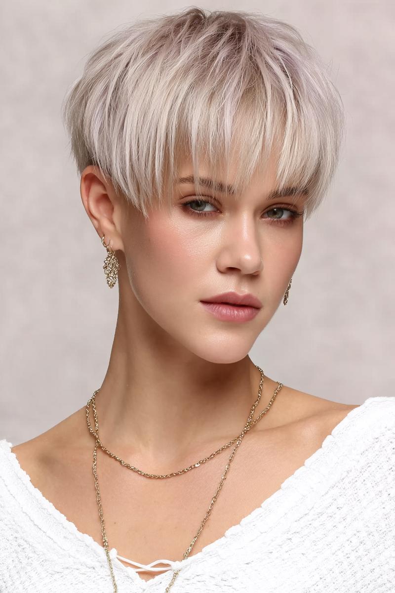 Een vrouw met een kort, gelaagd kapsel met een lichte blonde kleur en volle pony aan de voorkant.