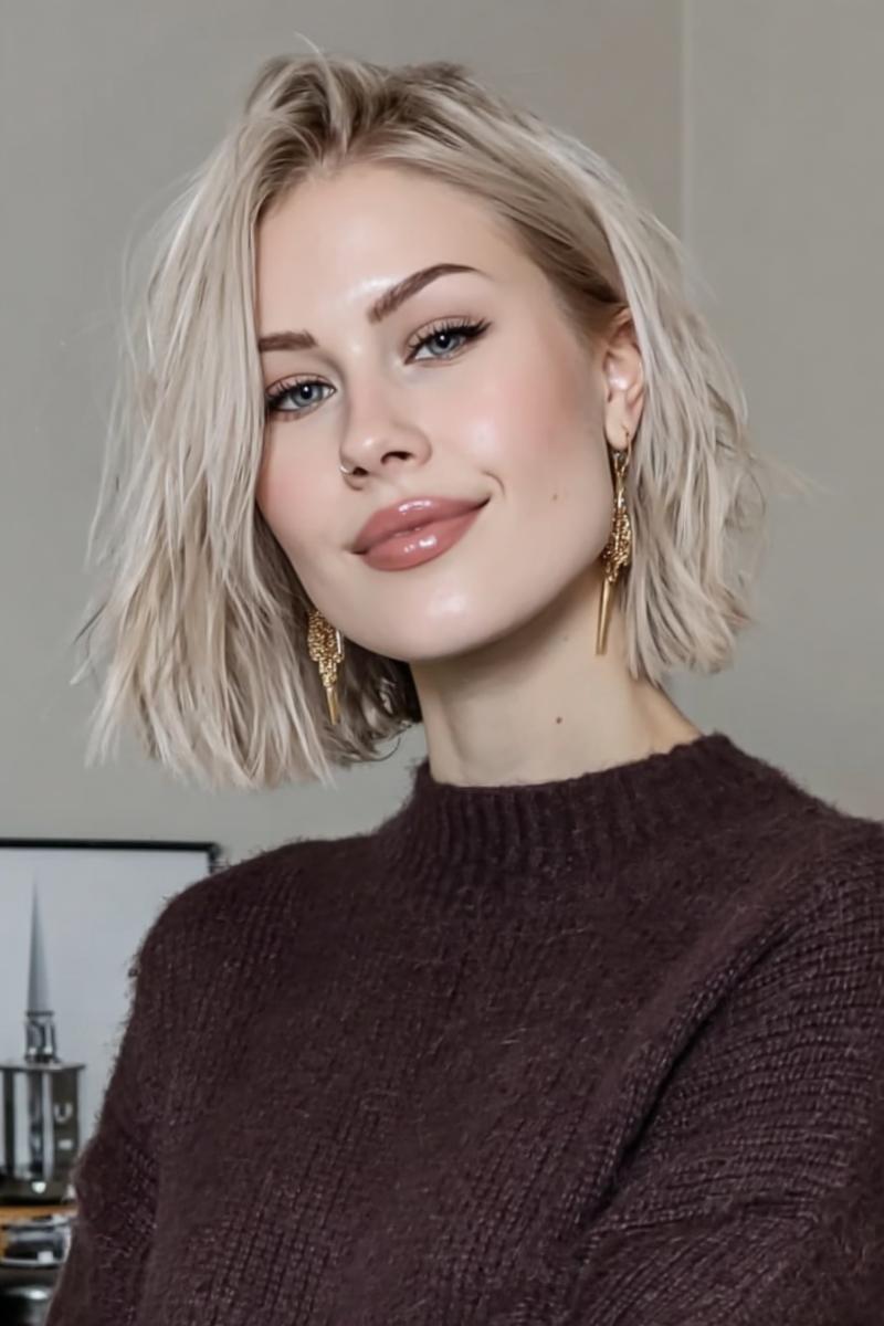 Een vrouw met een kort, golvend blond kapsel met een zijscheiding draagt een donkere trui en gouden oorbellen.