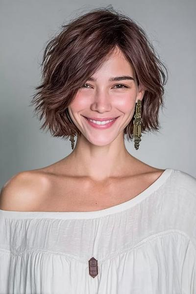 Een vrouw met een trendy, kort en golvend kapsel dat speels en volumineus valt rondom het gezicht.