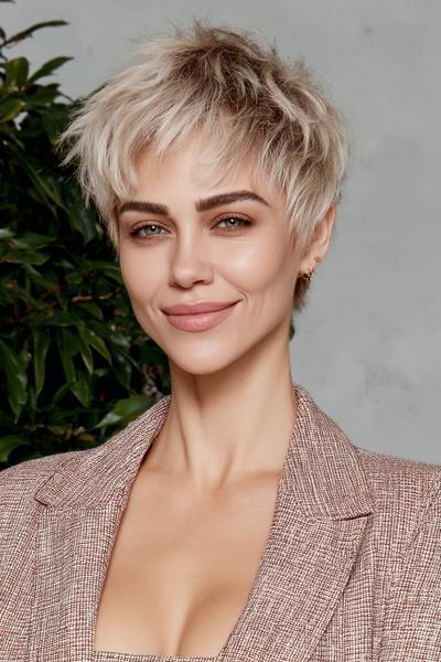 Een vrouw met een vlot, kort kapsel met warrige, blonde lokken en een beetje volume bovenop.