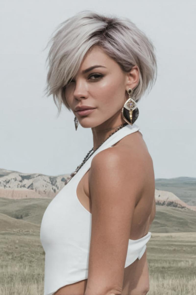 Een vrouw met een trendy, asymmetrisch kort kapsel met een zijscheiding en lichtblonde, golvende lokken.