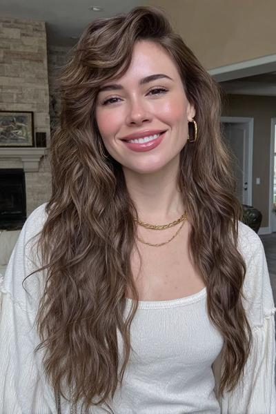 Een vrouw met lang, golvend bruin haar en een zijscheiding, gestyled in losse, natuurlijke slagen.