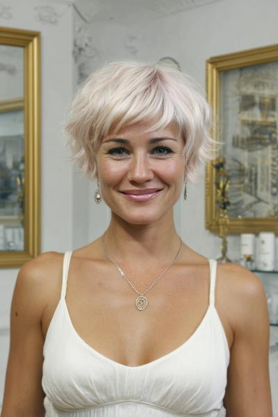 Vrouw met een vlot, kort kapsel met lichtblond, golvend haar en speelse, warrige lokken.