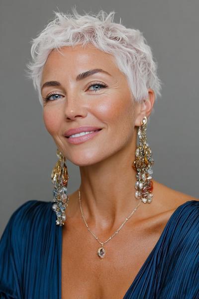 Een vrouw met een vlot, kort kapsel met golvende, lichtblonde lokken en een speelse textuur.