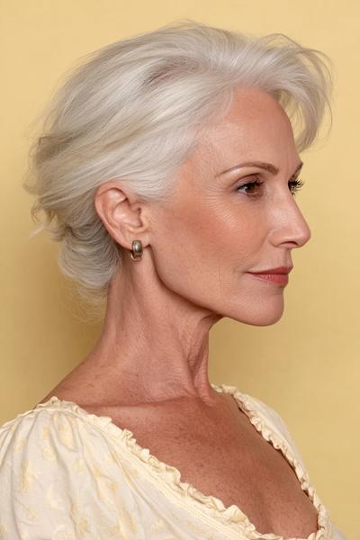 Een elegante, korte kapsel voor oudere dames met zijwaarts vallend, golvend wit haar en een verzorgde uitstraling.