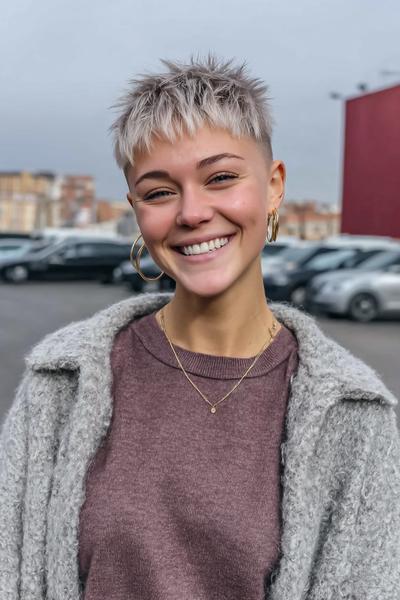 Een jonge vrouw met een kort, blond pixiekapsel met lichte lokken en geschoren zijkanten, glimlacht buiten.