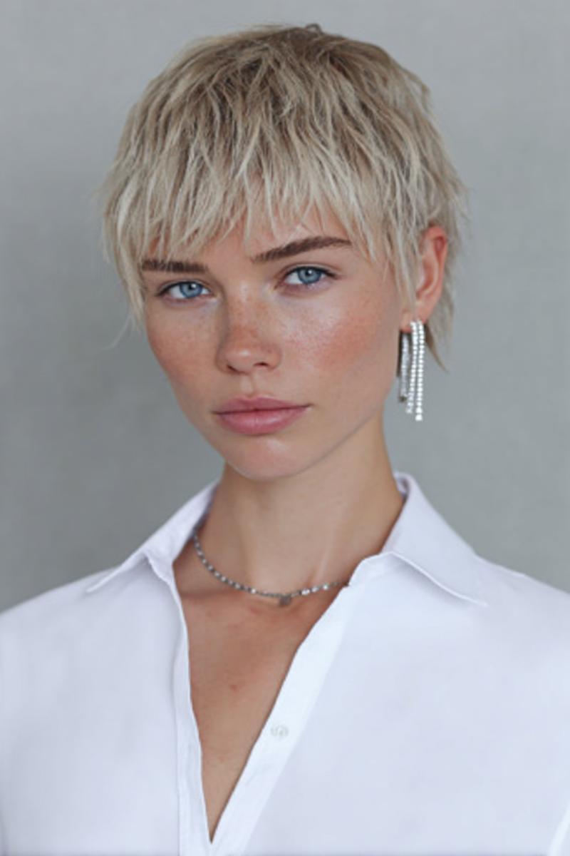 Een vrouw met een kort, blond kapsel met warrige, gelaagde lokken en een pony, draagt een witte blouse en zilveren sieraden.