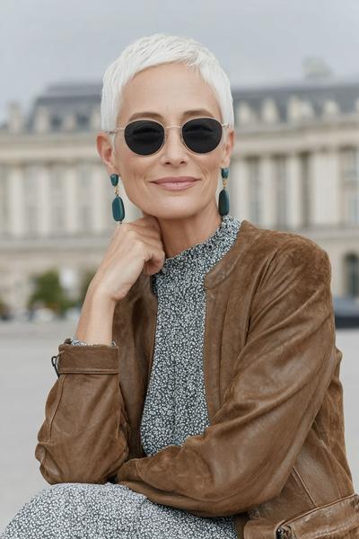 Een oudere dame met een stijlvolle, korte, witte pixiekapsel draagt een zonnebril en trendy oorbellen.