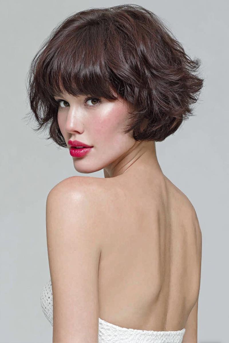 Een vrouw met een kort, golvend kapsel met volle pony en volume, gestyled in een losse bob.