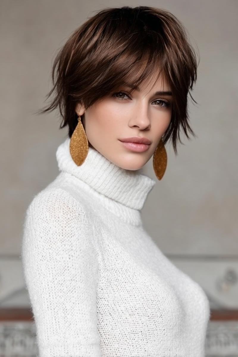 Een vrouw met een kort, gelaagd kapsel en nonchalant vallende pony, gestyled in een moderne, warrige look.