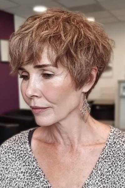 Een vrouw met een kort, vlot kapsel met veel laagjes en een warrige, volumineuze textuur.