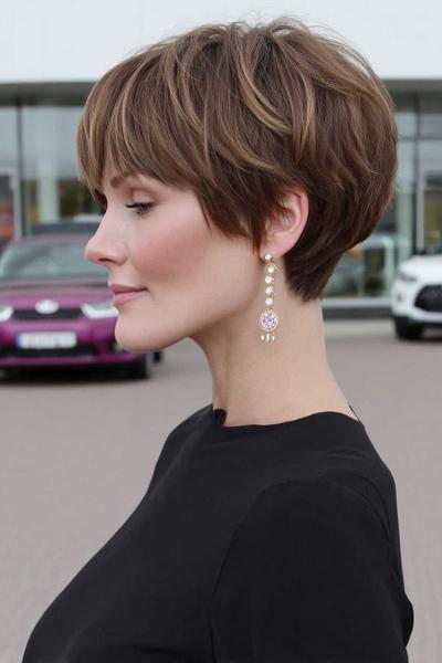 Een vrouw met een kort, gelaagd kapsel met volume en lichte highlights, gestyled in een chique pixie-bob.