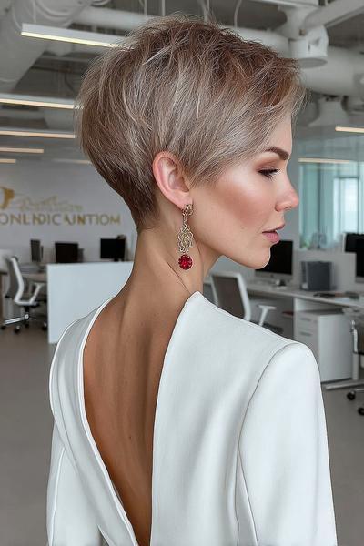 Een vrouw met kort, gelaagd haar in een elegante pixie cut met een zijscheiding.