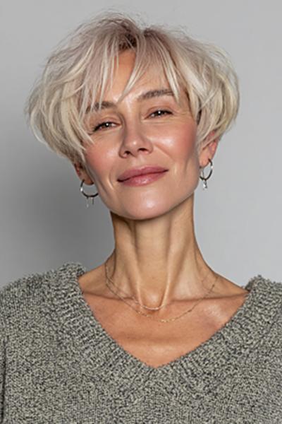 Een vrouw met kort, blond haar in een trendy, volumineus bobkapsel met een zijscheiding.