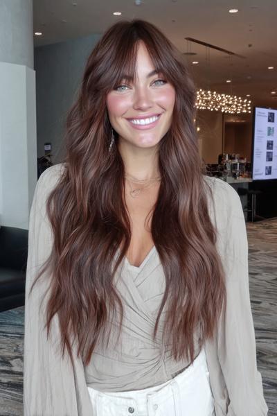 Een vrouw met lang, golvend bruin haar en gordijnpony, gestyled in losse, natuurlijke golven.