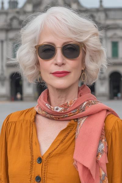 Een oudere dame met een modieus, kort golvend wit kapsel en een zijscheiding.